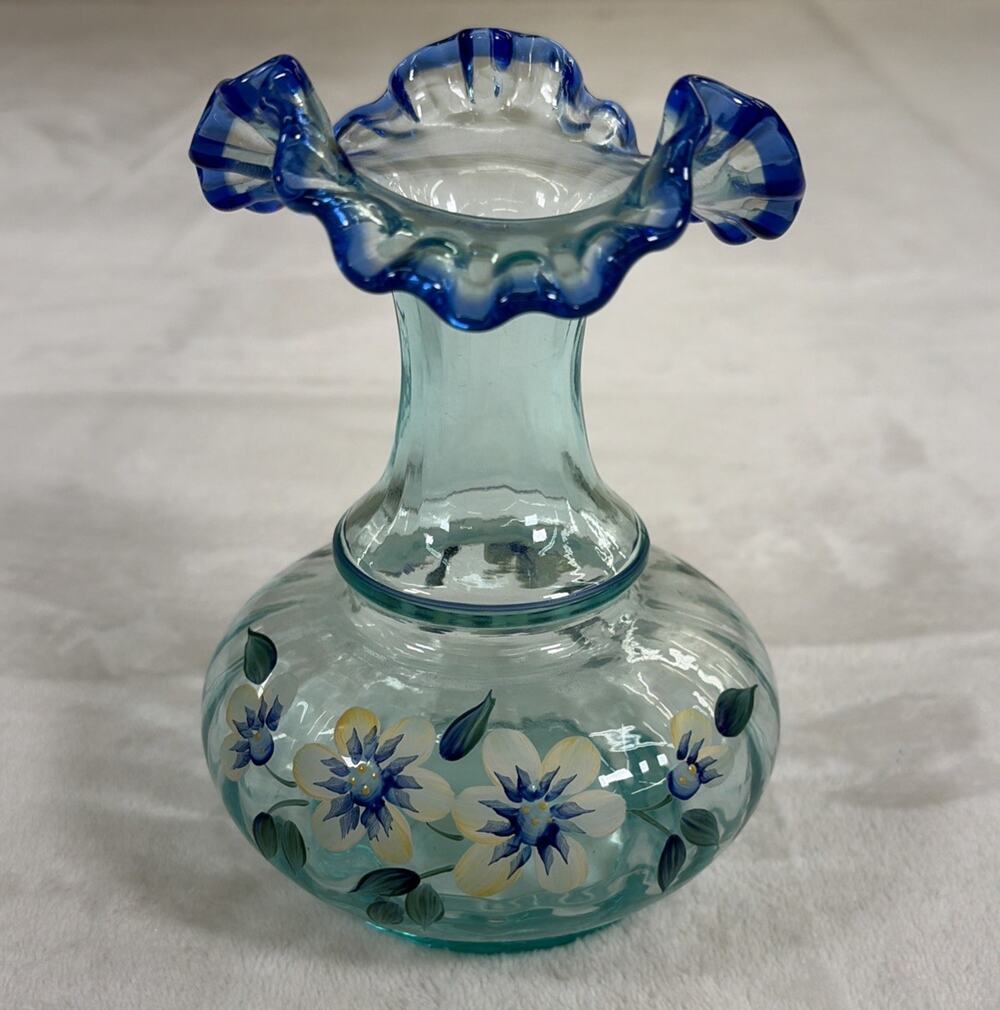 Fenton Vase Cobalt and Aqua Tranquility Hand Painted By DK Brightbill 6.25" FS